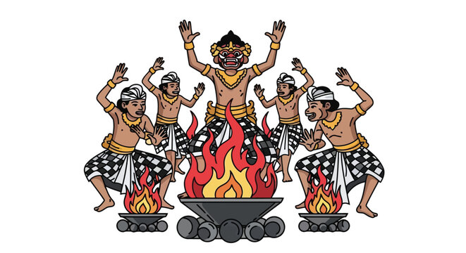 Balinese dancers performing around fire illustration isolated on white background