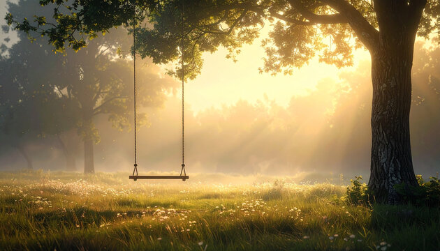 Swing hanging under lush tree