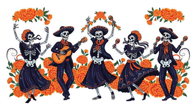 Skeleton mariachi band celebrating Day of the Dead illustration isolated on white background