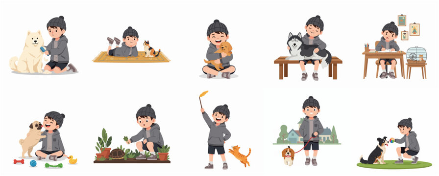 Collection of a Boy Interacting with Various Pets, Caring, Grooming, and Playing with Animals Vector Illustration Set