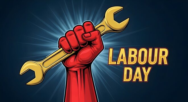 Labour day poster with a strong worker's hand holding a wrench.