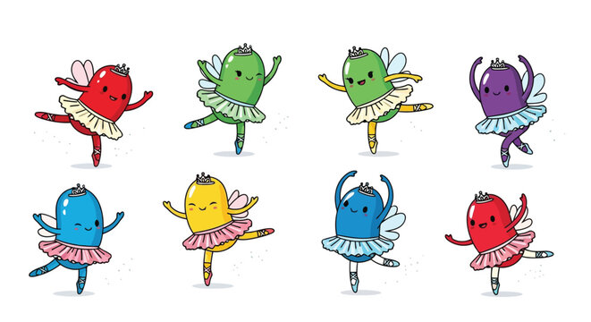 Cute cartoon bean characters dancing as ballerinas vector isolated on white background