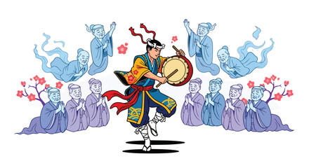 Fototapeta premium Japanese festival dancer plays taiko drum surrounded by praying figures illustration isolated on white background