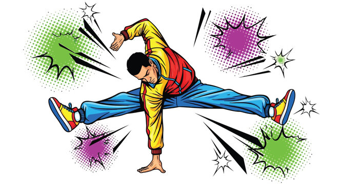 Breakdancer performing split leg move with comic book style explosions isolated on white background