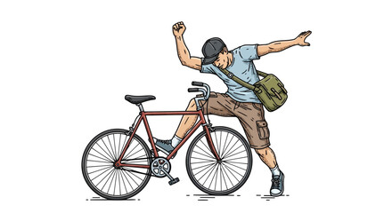 Fototapeta premium Man with bicycle celebrates victory with raised fist illustration isolated on white background