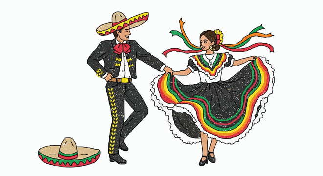 Mexican couple in traditional attire dancing folk dance illustration isolated on white background