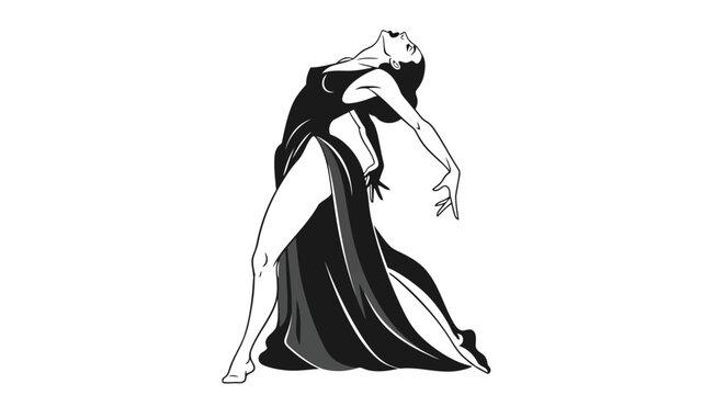 Elegant dancer in flowing black dress striking a dramatic pose on white background isolated on white background