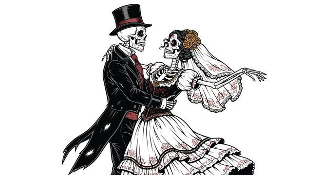 Day of the Dead skeleton couple elegantly dancing in wedding attire isolated on white background