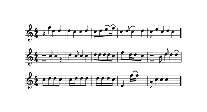 Sheet music with treble clef notes rests and time signature on white background isolated on white background