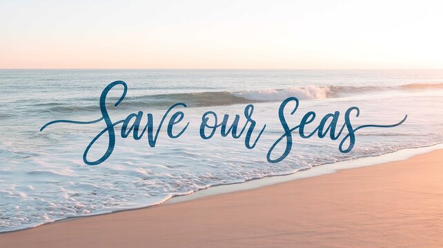 A serene beach scene with gentle waves and a call to action to Save our Seas written in blue cursive font across the center of the image