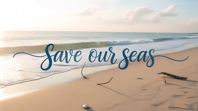A serene beach scene with the words Save our Seas written across it in blue cursive font under a partly cloudy sky