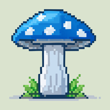 classic blue mushroom graphic designed with pixel art technique suitable for fantasy adventure game worlds and nature creative design projects