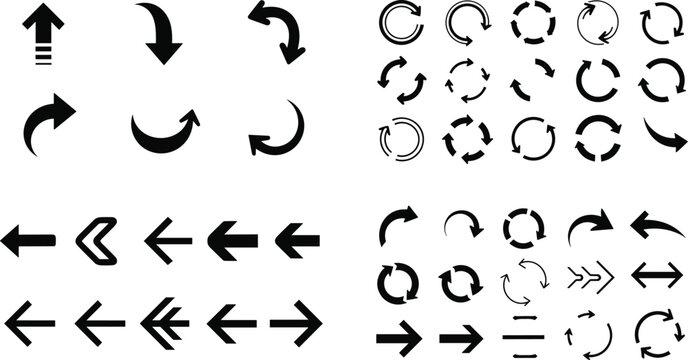 Arrow icons vector set with directional, curved, circular, and double arrows for navigation, motion, and graphic design use