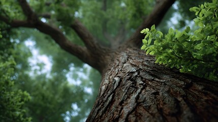 Fototapeta premium Vibrant contrast between rugged tree bark and fresh bright green foliage in a sun d d woodland setting