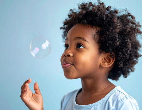 Una ni&ntilde;a peque&ntilde;a soplando y jugando con pompas de jab&oacute;n con fondo azul en concepto de juego e imaginaci&oacute;n y campa&ntilde;as de bienestar, educaci&oacute;n infantil y creatividad