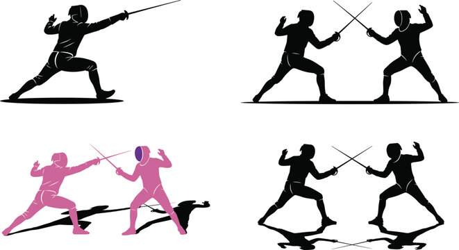 Fencing silhouette vector set with athletes in dynamic sword fighting poses for sports, competition, and martial arts concepts