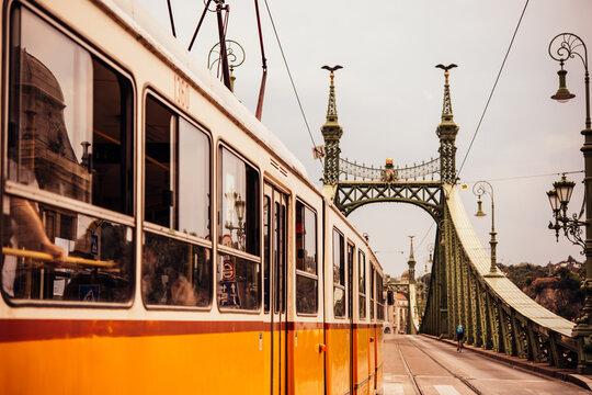 A tram entering Liberty bridge in Budapest, Hungary.