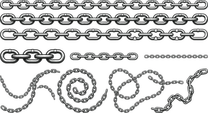 Metal chain vector set with straight, curved, spiral, and linked designs for security, strength, and industrial concepts