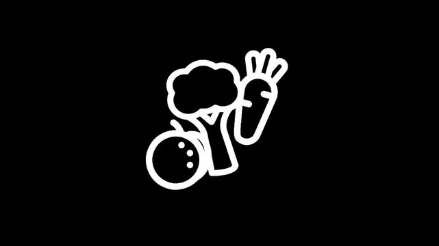 Simple line art icon of fresh fruits and vegetables on a black background