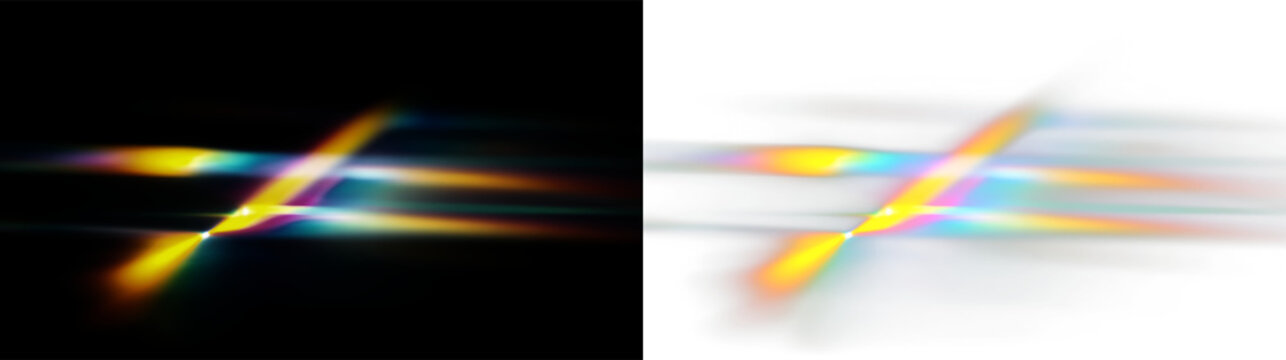 Blurred prismatic light rays with vibrant rainbow edges create an artistic composition isolated on transparent and black background, light overlay, PNG