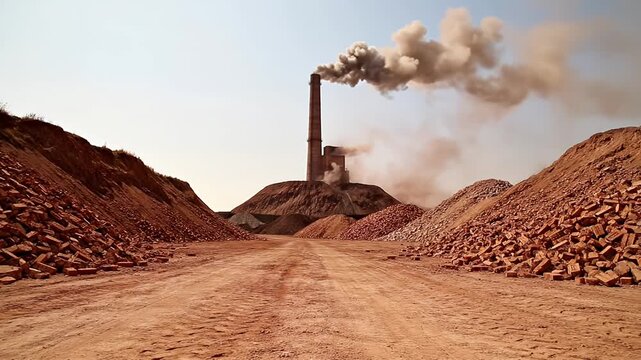 Industrial brick factory scene with smoke stack and earth tones