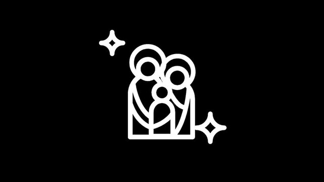 Simple white line art icon of the Holy Family with stars on a black background