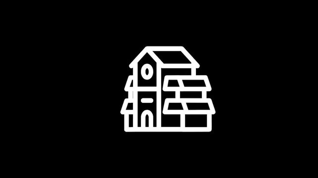 Stylized icon of a multi-story building with open boxes stacked around it