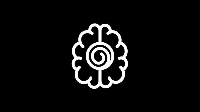 Stylized white brain icon with a spiral in the center on a black background