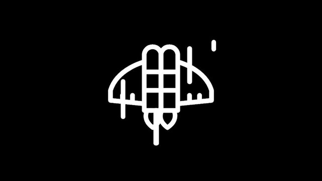Minimalist white line art icon of a jetpack flying upwards against a black background