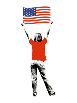 Patriotic woman raising American flag high above her head. Anonymous person celebrating USA Independence Day. Patriotism, protest and freedom concept. Modern retro halftone collage vector illustration