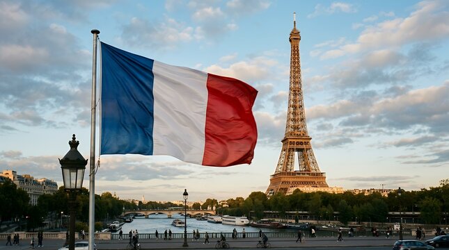 French flag waving with Eiffel Tower in Paris
