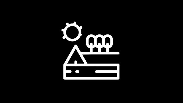 Simple line art icon of a sunny landscape with a tent and trees