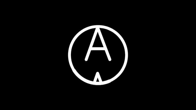 Minimalist white abstract symbol with two 'A' letters inside a circle on black background