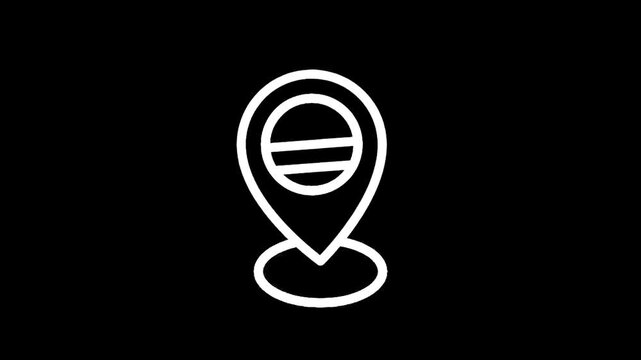 Simple white map pin icon with a circle and horizontal lines inside on black background