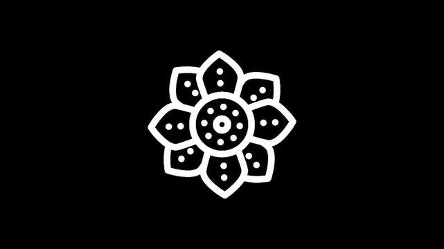 Stylized white flower icon with dots on a black background, minimalist design