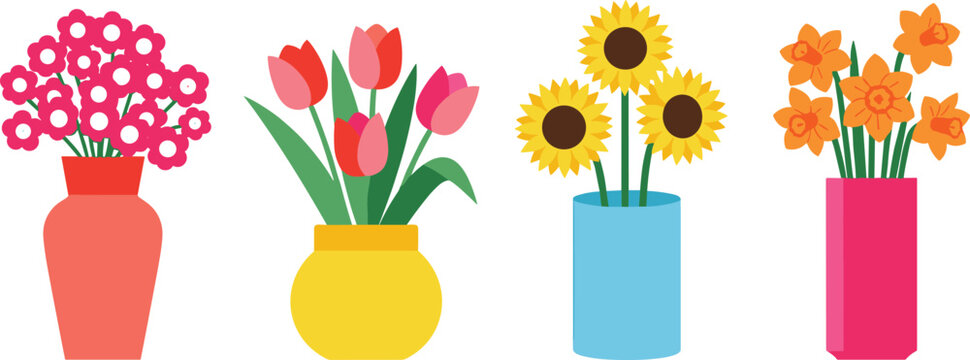 Colorful flower bouquets in decorative vases collection with tulips sunflowers and blossoms vector illustration set