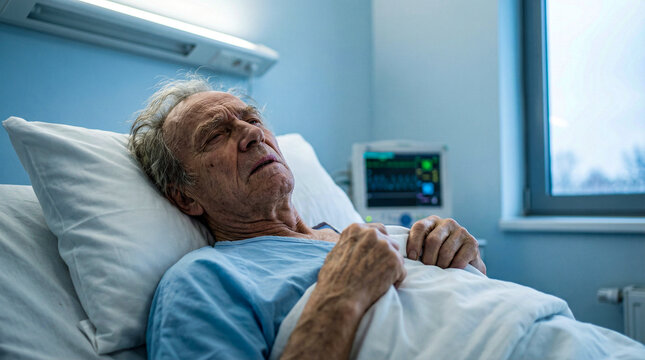 Elderly male patient resting in hospital bed with medical equipment in ward