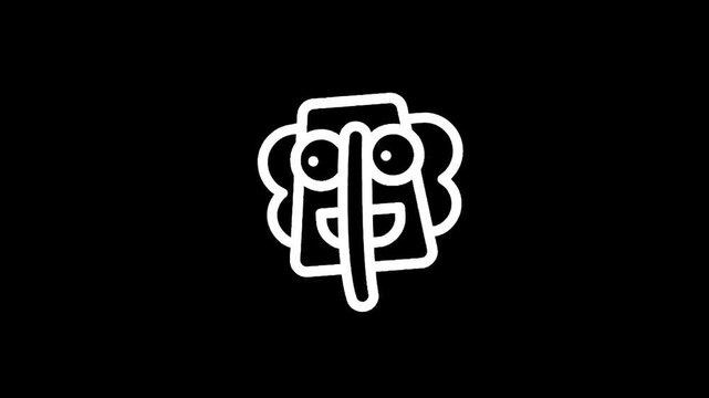 Whimsical white elephant icon with big eyes and trunk on a black background