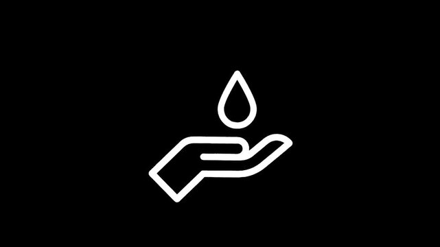 Simple white line icon of a hand catching a falling water drop on a black background