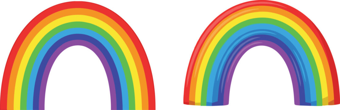 Colorful rainbow arc set with vibrant curved spectrum shapes in simple cheerful vector illustration
