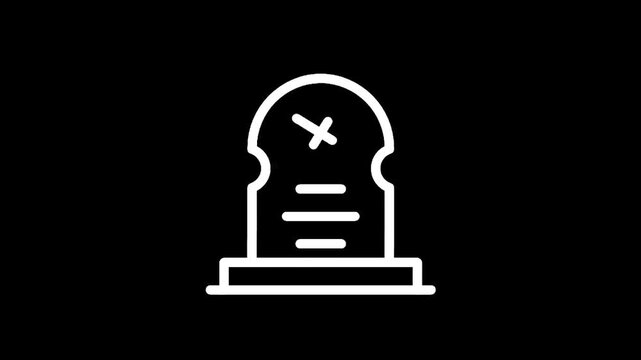 Simple white outline of a tombstone with a cross and inscription on a black background