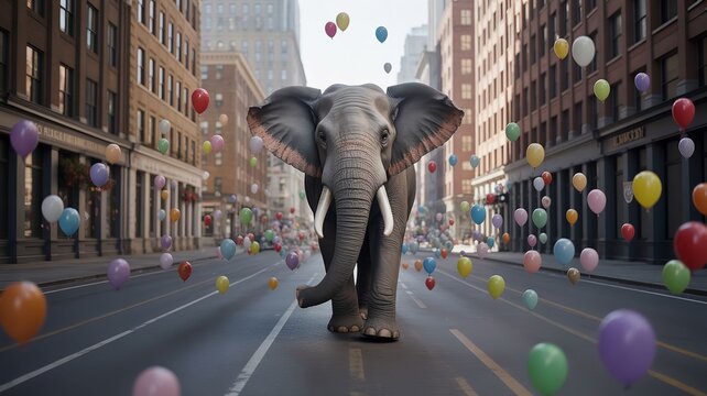 elephant walking down city street surrounded by colorful balloons