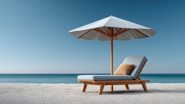 Resort deck chair and beach umbrella for summer vacation holidays, offering comfort, relaxation, and luxury by the ocean under a clear blue sky