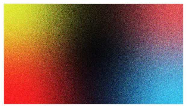 Abstract background with a grainy texture featuring a vibrant color gradient transitioning from yellow and red on the left to a deep black center and blue on the right side of the rectangular frame