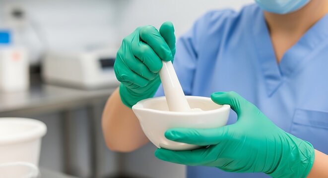 Pharmacist grinding pills in a mortar