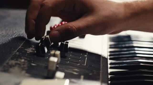 Playing piano vintage retro synthesizer. Close up of man hands playing jazz on the piano. Fingers on the piano, vintage colors. A very close look at a jazz pianist hands. Man playing the piano, close