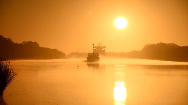 Schiffe bei Sonnenaufgang am Nord-Ostsee-Kanal