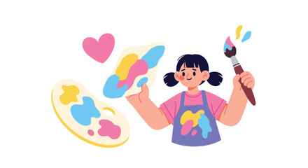 Fototapeta premium A happy young girl in a paint-splattered apron holds a paintbrush and an artist's palette, ready to create art, with a pink heart floating nearby on a white background.