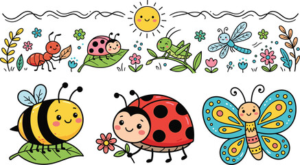 Set of cute cartoon garden insects featuring ladybug bee butterfly ant grasshopper and dragonfly with summer flowers and sun © MdNajmul