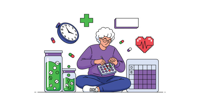 An elderly woman with glasses sits cross-legged on the floor, meticulously organizing her weekly medication into a pill dispenser surrounded by medicine bottles, a clock, and a calendar illustration.